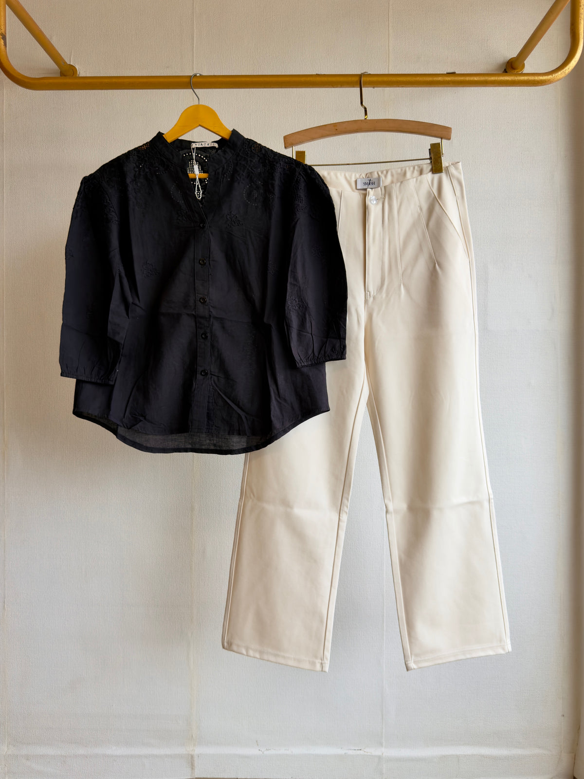 BLACK COTTON EMBROIDERY TOP WITH STRAIGHT TROUSER PANT SET