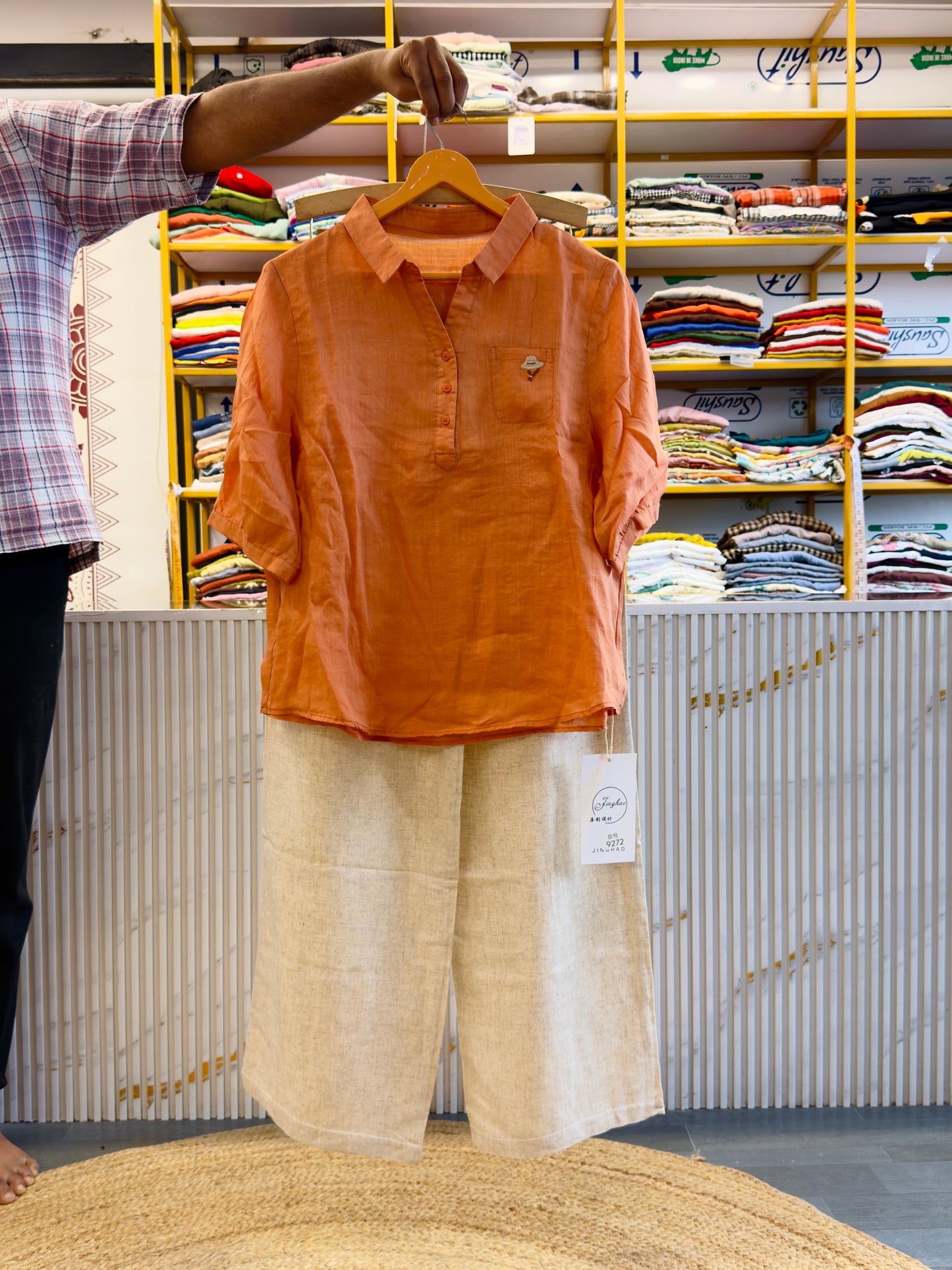ORANGE LINEN  EMBROIDERY TOP  WITH LINEN PANT SET