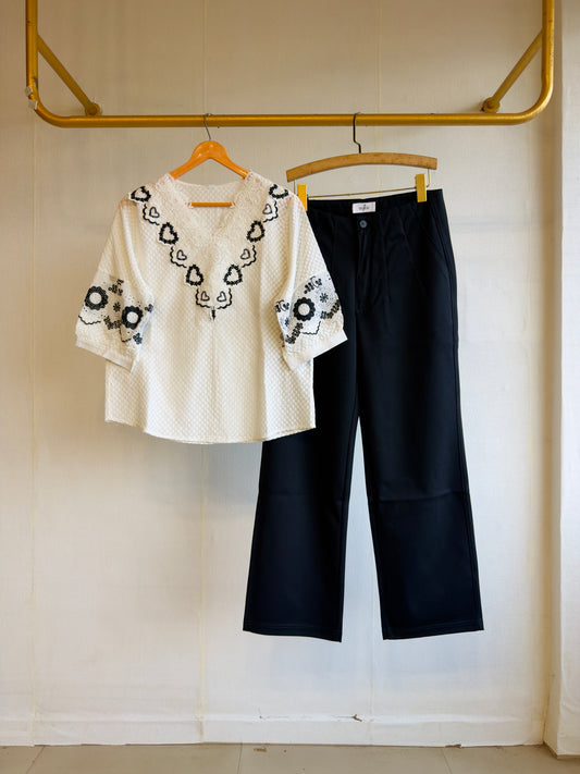 WHITE COTTON EMBROIDERY TOP  WITH STRAIGHT FIT PANT SET