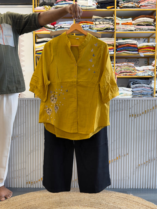 YELLOW MUL  COTTON EMBROIDERY TOP  WITH LINEN PANT SET