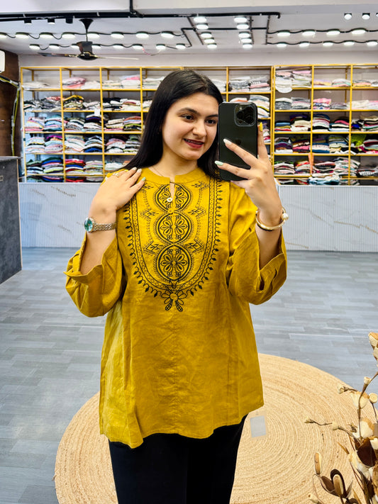 LINEN PREMIUM EMBROIDERY TUNIC STYLE TOP
