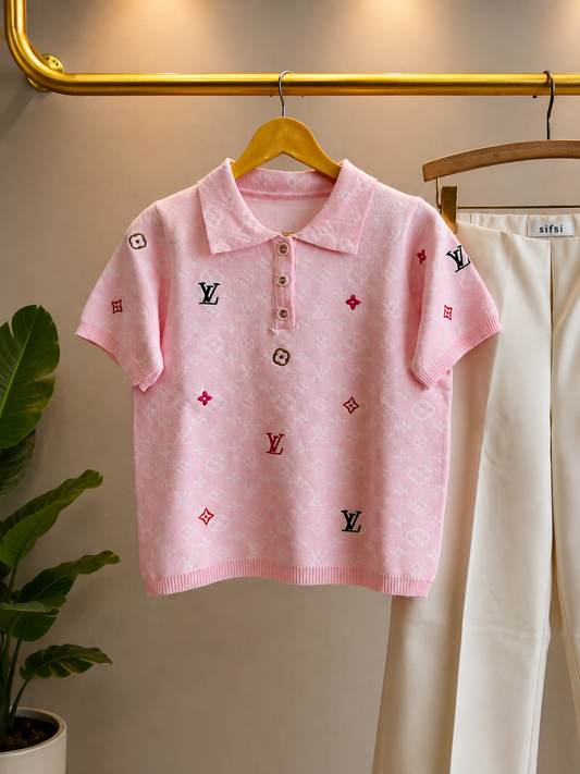 SOFT KNITTING LV LATTERN EMBROIDERY TOP