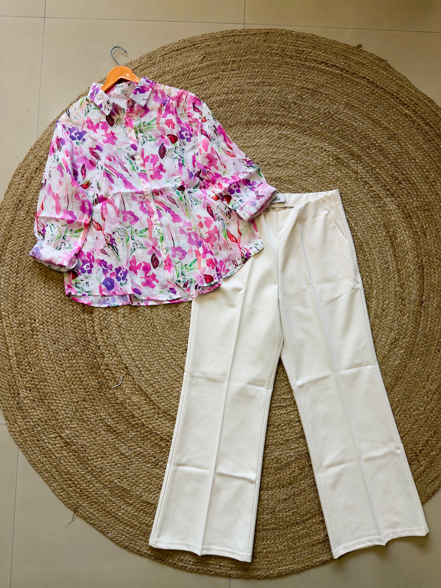PRINT LINEN SHIRT  WITH BELL BOTTOM TROUSER PANT SET