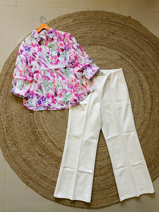 PRINT LINEN SHIRT  WITH BELL BOTTOM TROUSER PANT SET