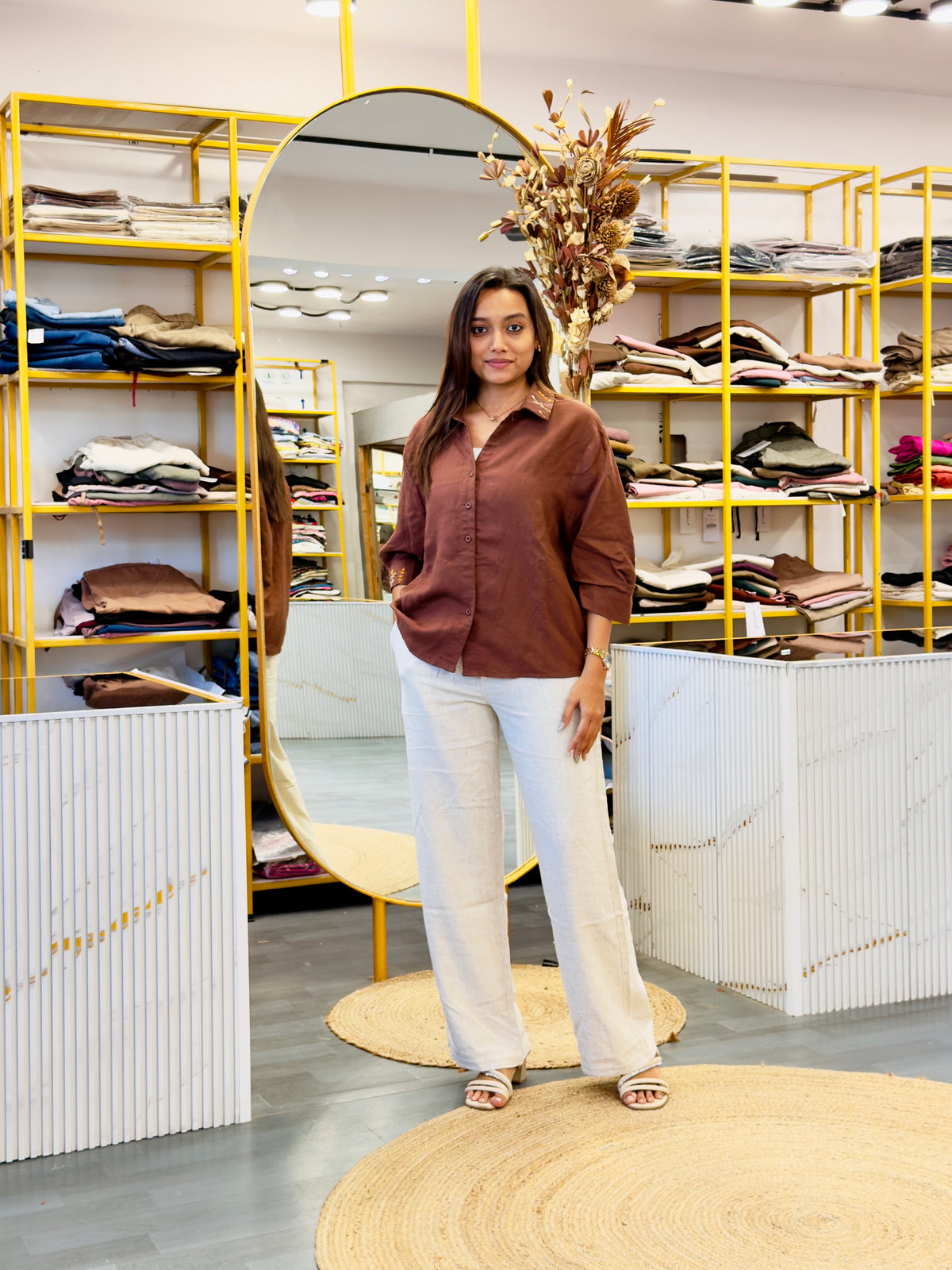 HAND WORK COLLAR EMBROIDERY LINEN SHIRT WITH LINEN PANT SET