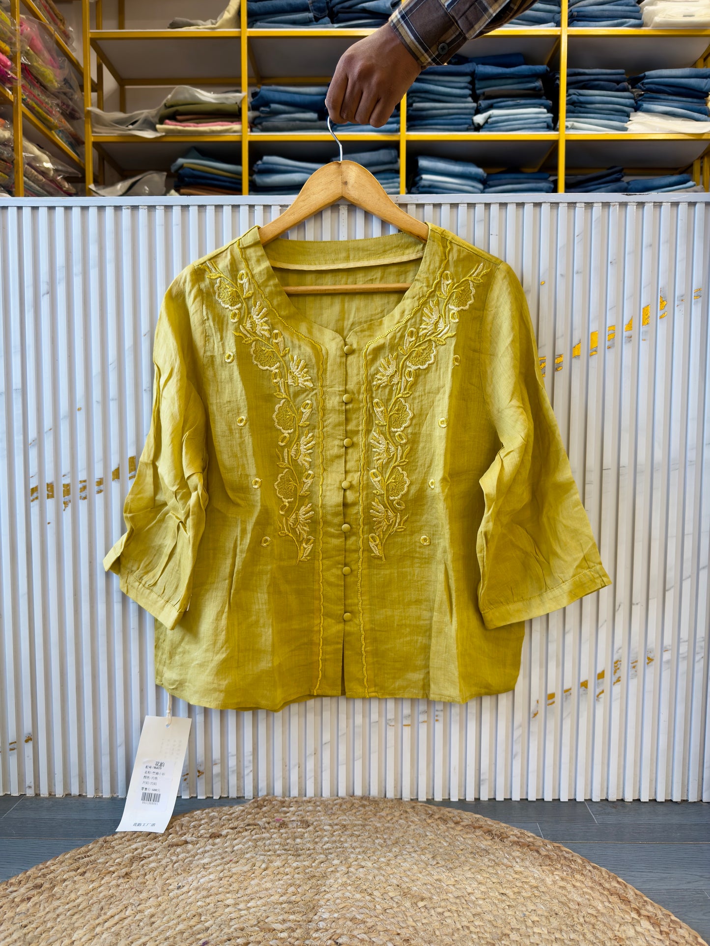 PREMIUM PURE LINEN V NECK EMBROIDERY  TOP
