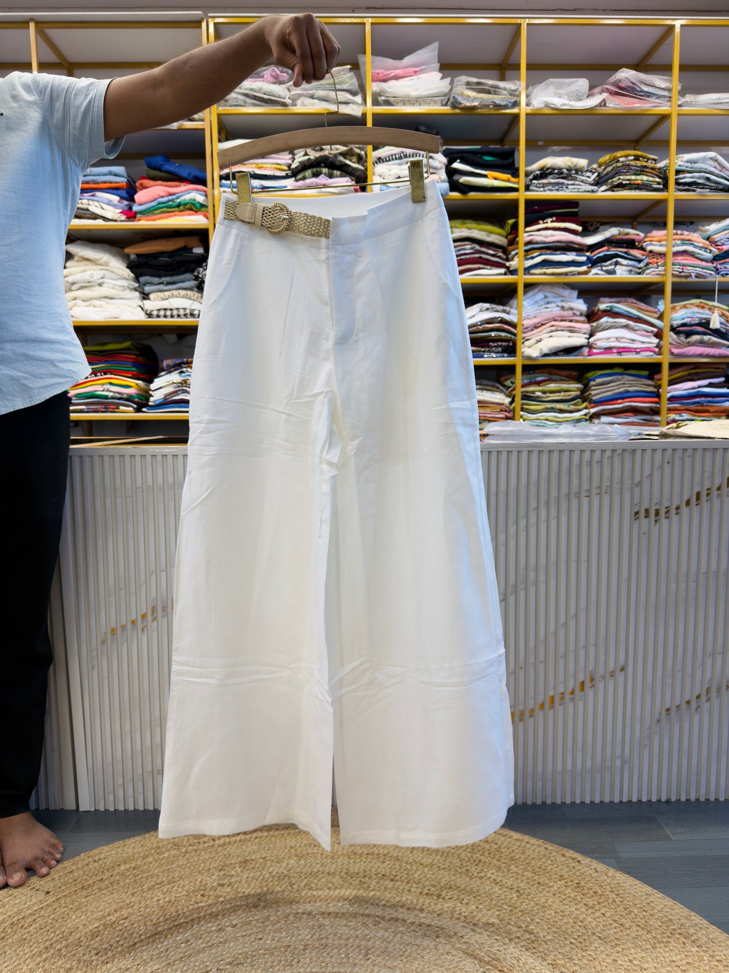 SIDE BELT PATTERN STRAIGHT LINEN TROUSER PANT