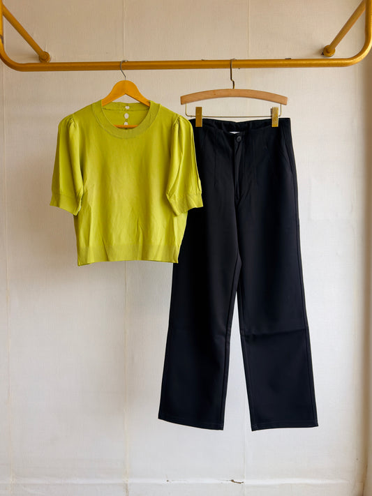 GREEN SOFT KNITTING TEES  WITH STRAIGHT PANT SET