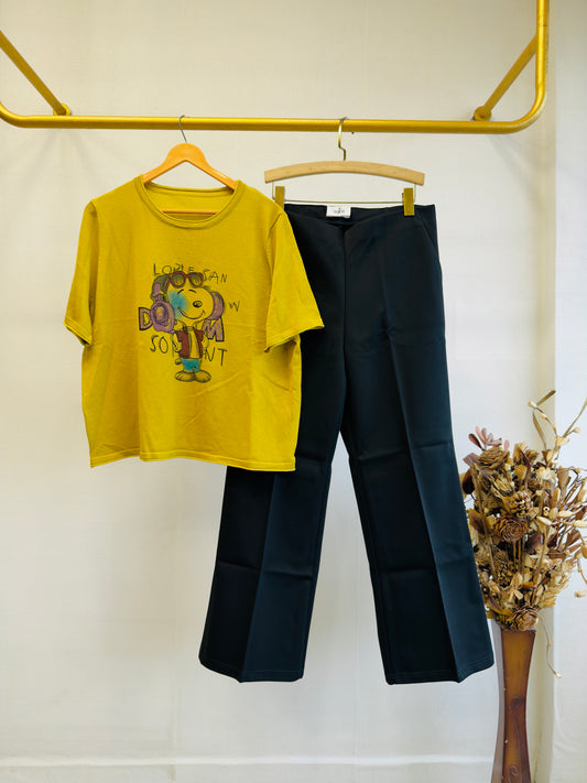 YELLOW PRINT SOFT KNITTING TOP WITH BELL BOTTOM PANT SET