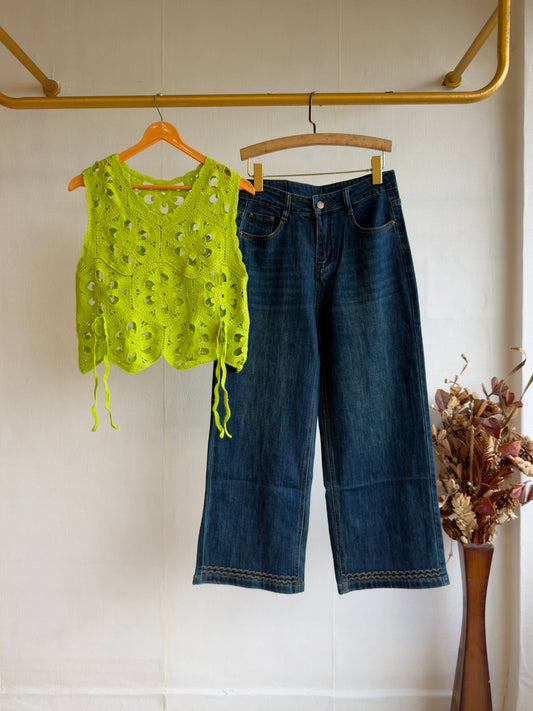 NEON CROCHET TOP WITH STRAIGHT DENIM PANT SET
