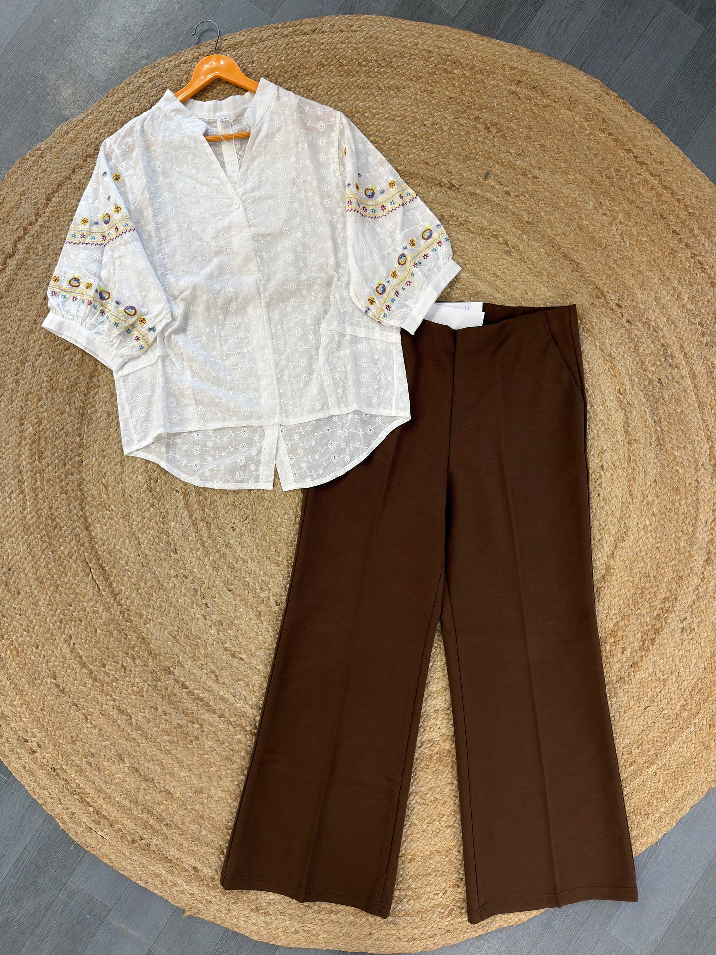 WHITE EMBROIDERY TOP WITH BELL BOTTOM PANT SET