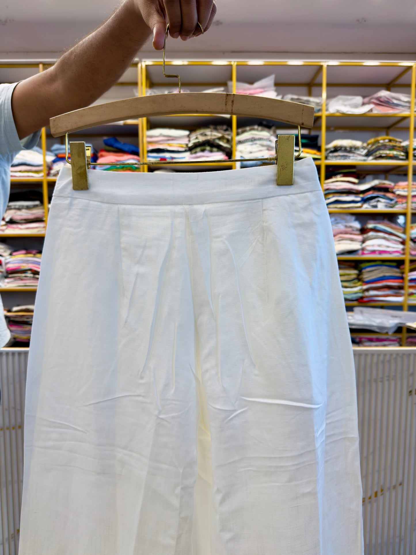 SIDE BELT PATTERN STRAIGHT LINEN TROUSER PANT