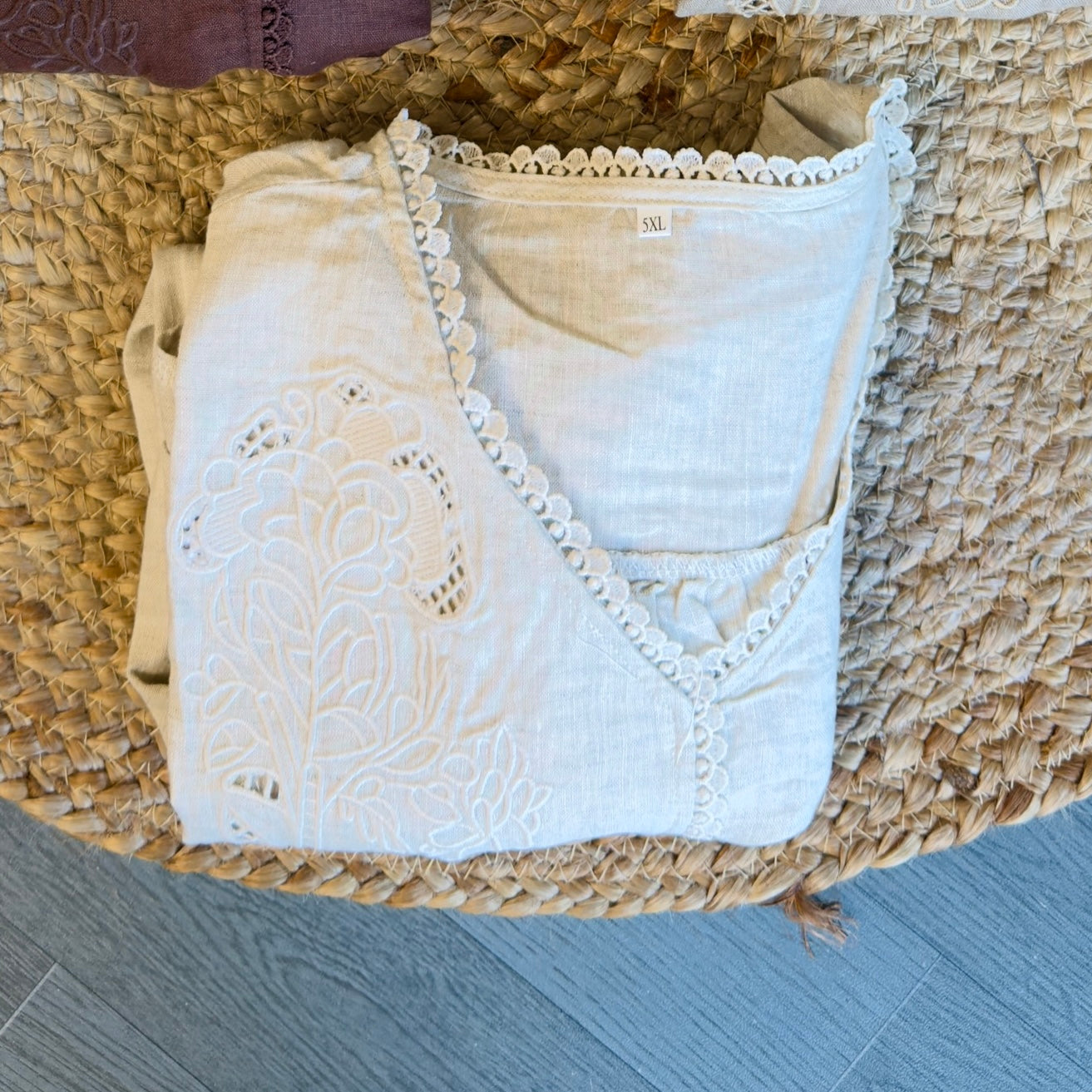 PURE LINEN V NECK EMBROIDERY SHIRT