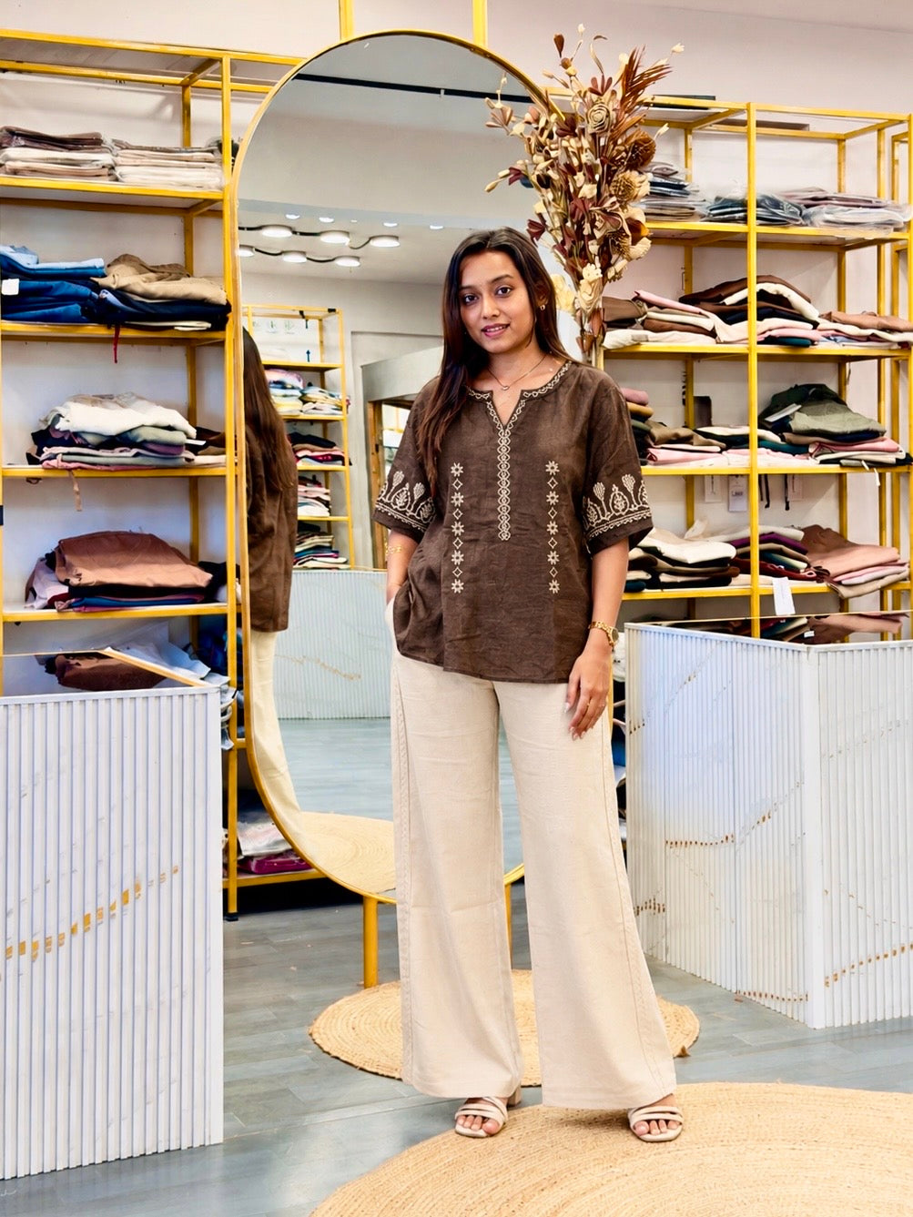 BROWN LINEN EMBROIDERY TOP WITH SIDE STRIPS PANT SET