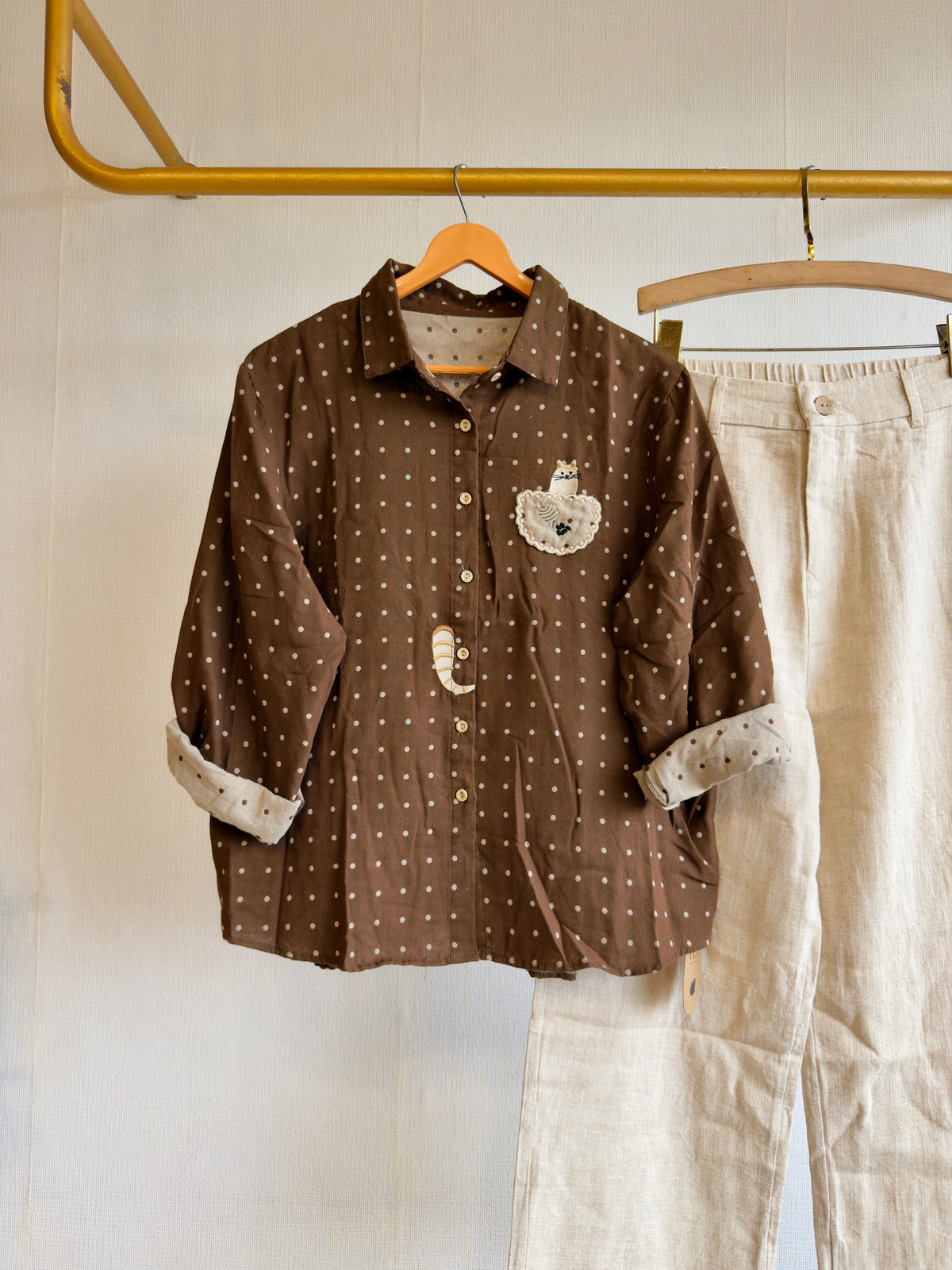 BROWN PRINT MUL COTTON SHIRT WITH LINEN STRAIGHT PANT SET
