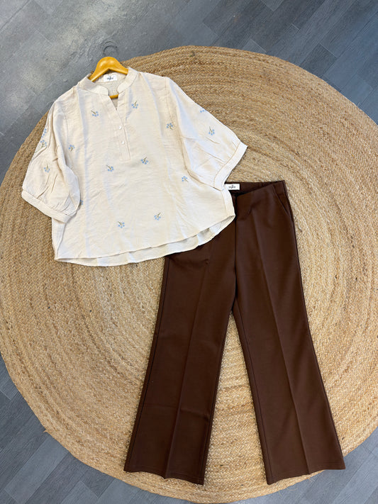 OFF WHITE FLOWER EMBROIDERY TOP WITH BELL BOTTOM PANT SET