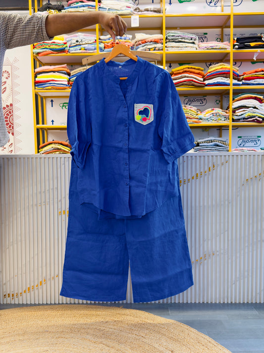 ROYAL BLUE CROCHET POCKET  LINEN TOP WITH LINEN COMFORTABLE PANT SET