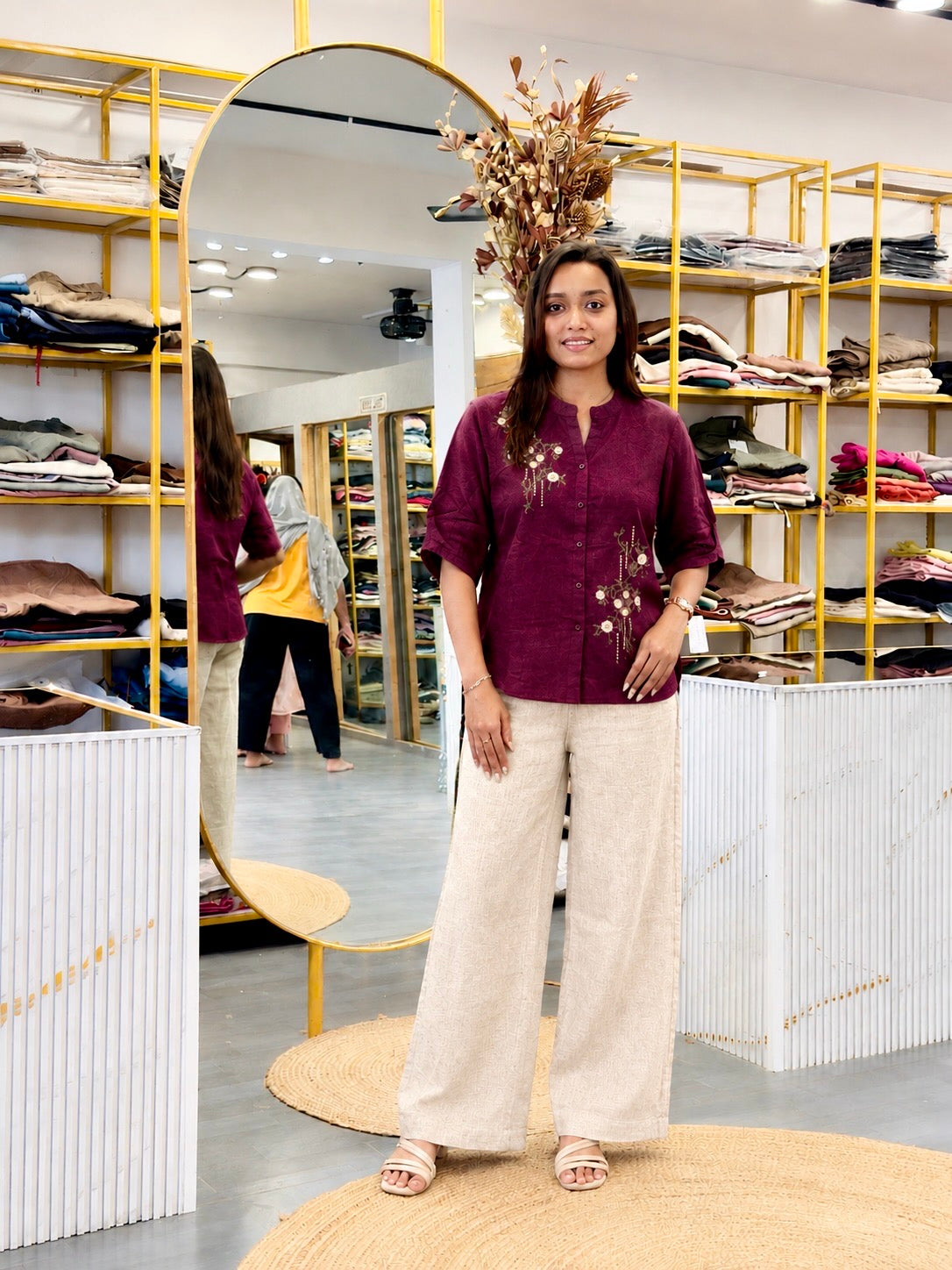 WINE LINEN EMBROIDERY TOP WITH LINEN STRAIGHT PANT SET
