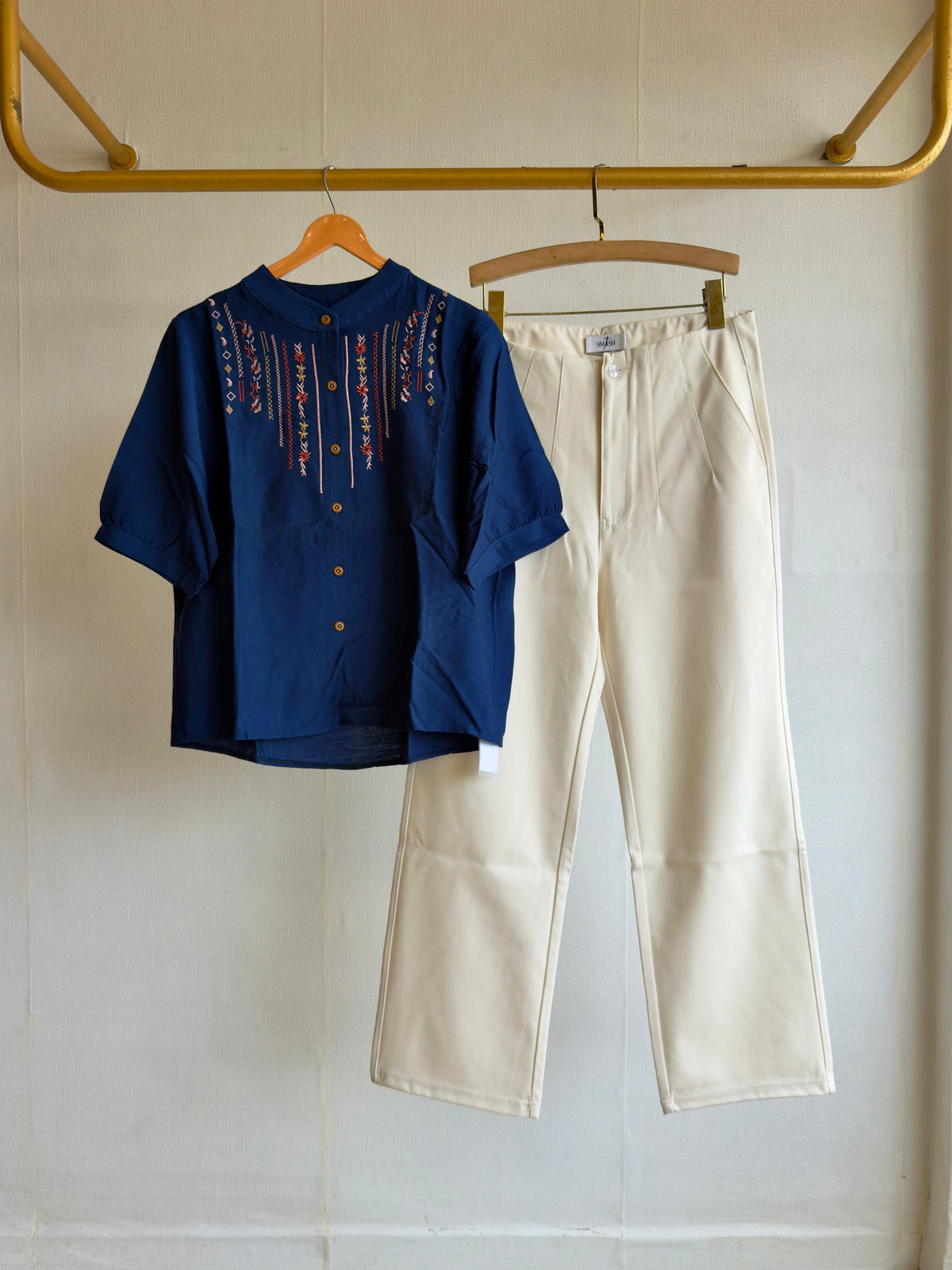 NAVY BLUE EMBROIDERY CASUAL TOP WITH STRAIGHT TROUSER PANT SET