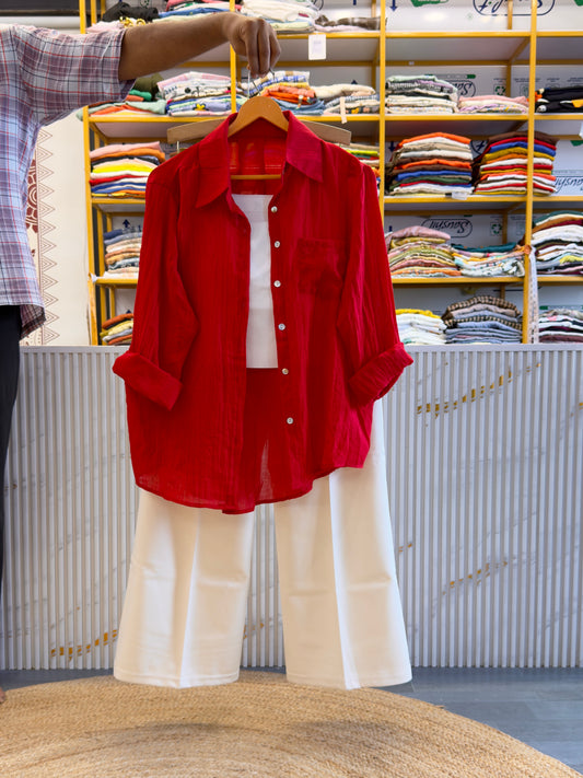 MUL COTTON PLAIN SHORT SPAGHETTI WITH BELL BOTTOM PANT SET