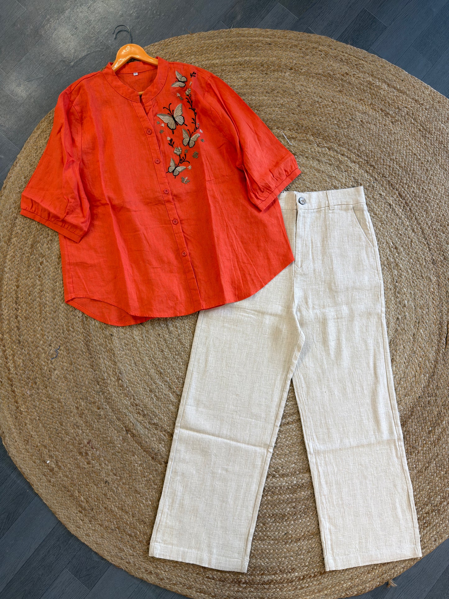 NEON ORANGE BUTTERFLY EMBROIDERY LINEN TOP WITH LINEN STRAIGHT PANT SET