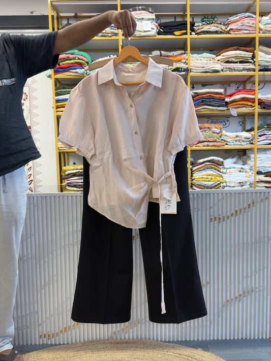 NUDE PINK SIDE BELT TOP WITH BELL BOTTOM PANT SET
