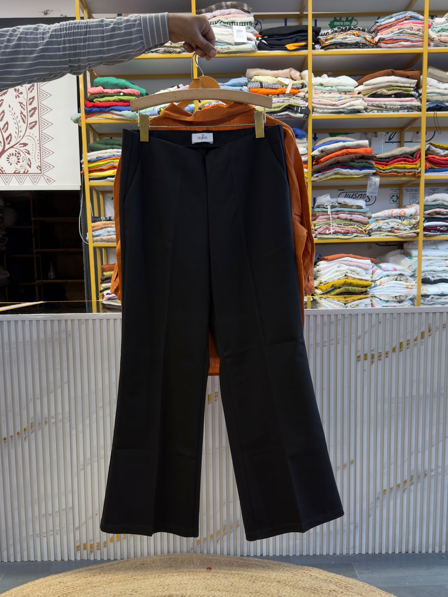 RUST ORANGE BACK EMBROIDERY LINEN SHIRT WITH BELL BOTTOM PANT SET