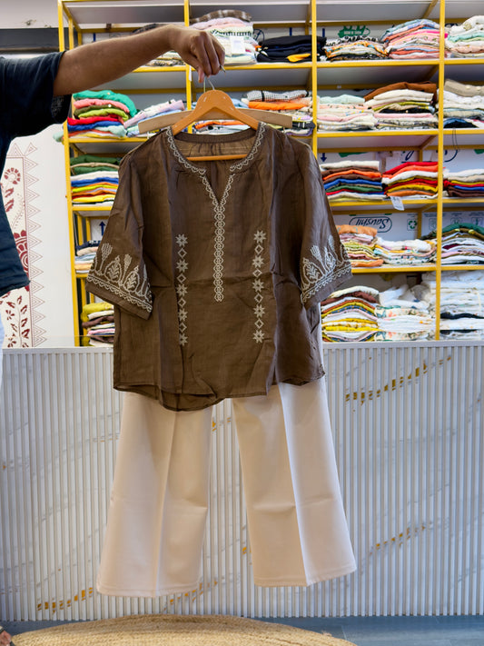 BROWN LINEN EMBROIDERY TOP WITH BELL BOTTOM PANT SET