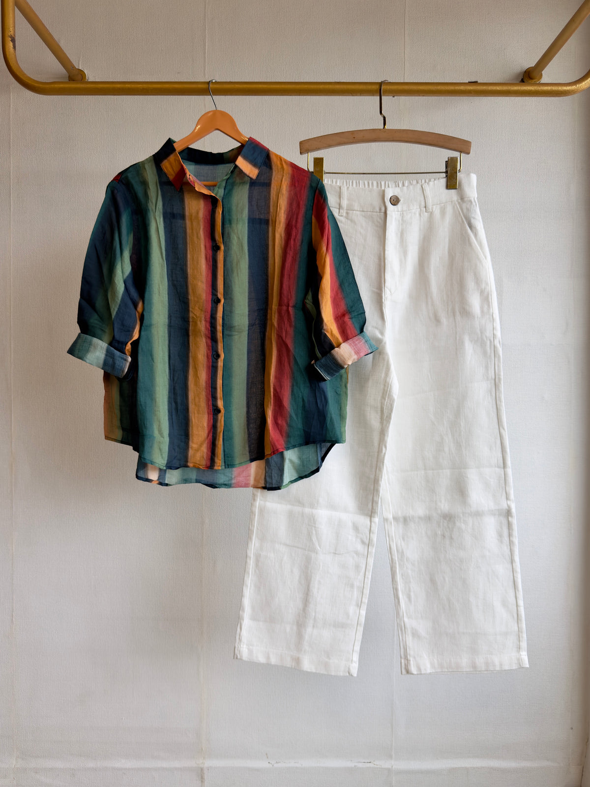 STRIPS LINEN PRINT SHIRT WITH LINEN STRAIGHT PANT SET