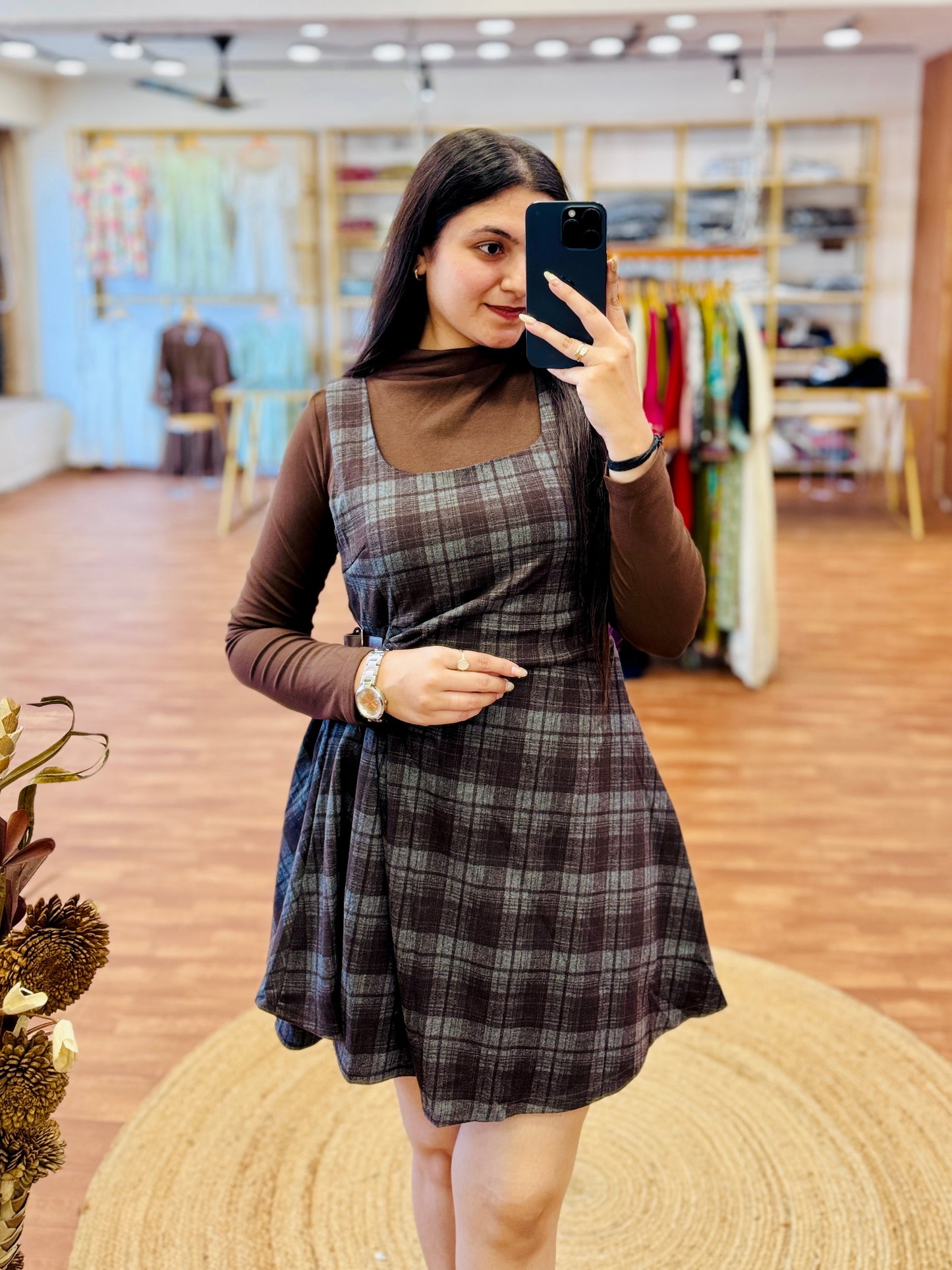 Brown short chex printed western dress