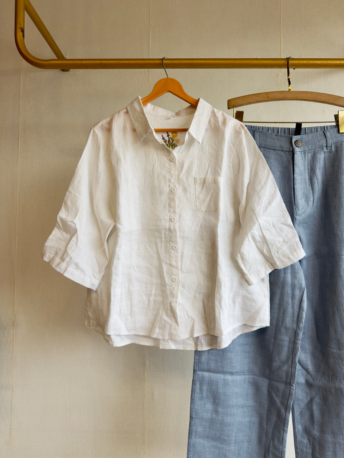 LINEN BACK EMBROIDERY SHIRT WITH LINEN STRAIGHT PANT SET