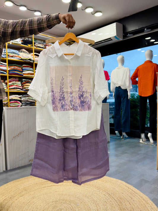 WHITE MUL PRINT SHIRT WITH LINEN  PANT SET