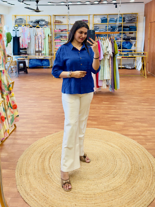 ROYAL BLUE LINEN PLAIN SHIRT WITH BELL BOTTOM PANT SET