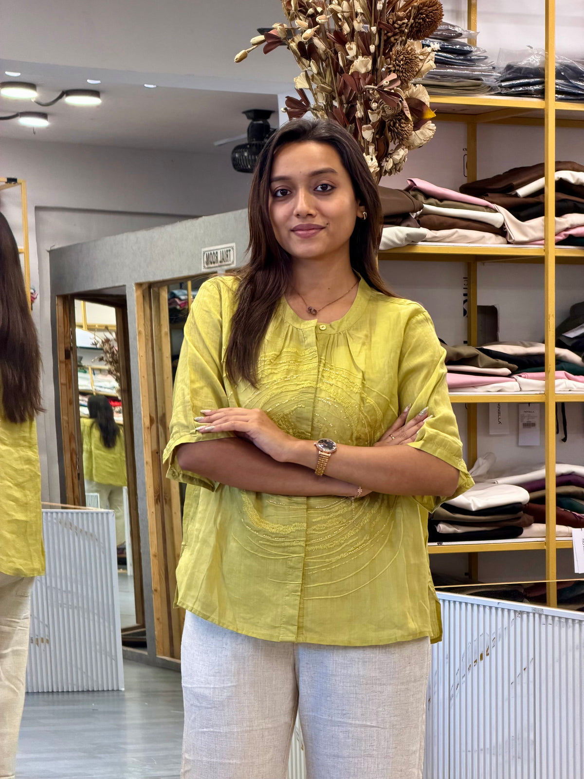 PISTA LINEN EMBROIDERY TOP WITH LINEN STRAIGHT PANT SET