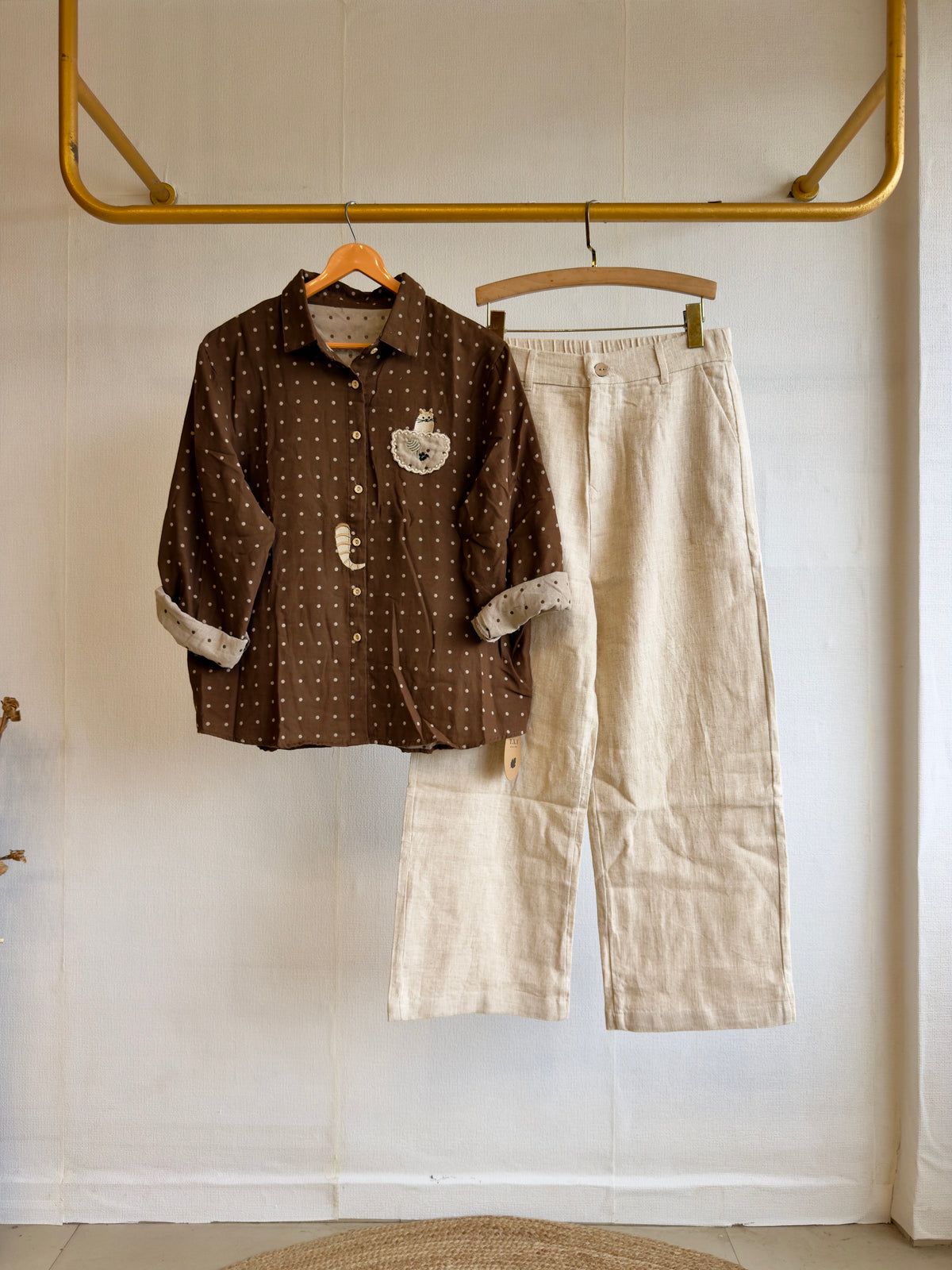 BROWN PRINT MUL COTTON SHIRT WITH LINEN STRAIGHT PANT SET