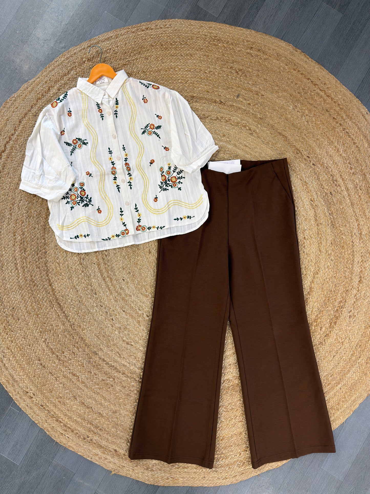 WHITE EMBROIDERY TOP WITH BELL BOTTOM PANT SET