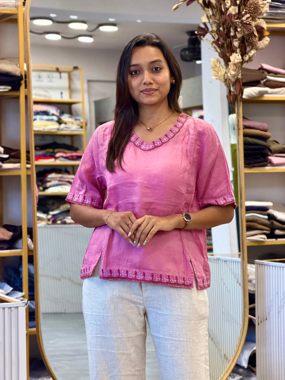 PINK LINEN EMBROIDERY TOP WITH LINEN STRAIGHT PANT SET