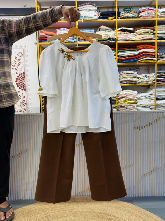 SLEEVE N NECK EMBROIDERY WHITE TOP WITH BELL BOTTOM PANT SET
