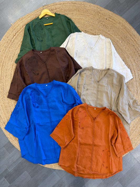PURE LINEN V NECK EMBROIDERY SHIRT