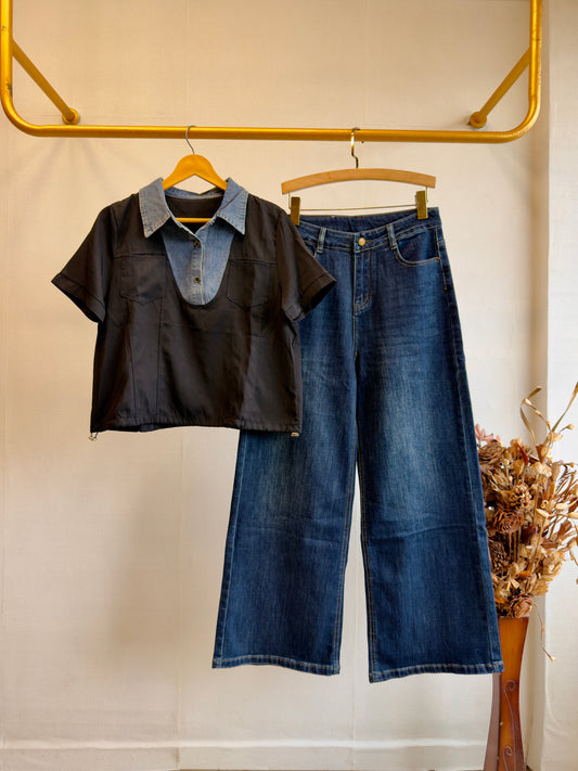 BLACK DENIM MIXED SHIRT WITH IMPORTED SOFT STRAIGHT DENIM PANT SET