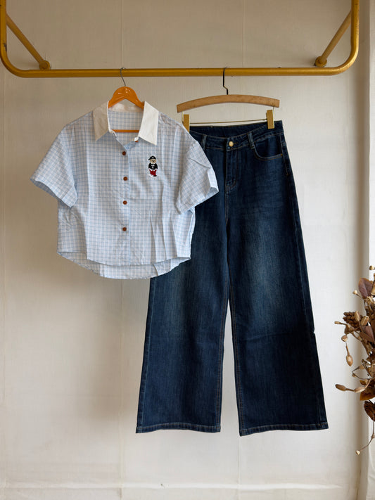 CHEX CROP COTTON SHIRT WITH STRAIGHT DENIM PANT SET