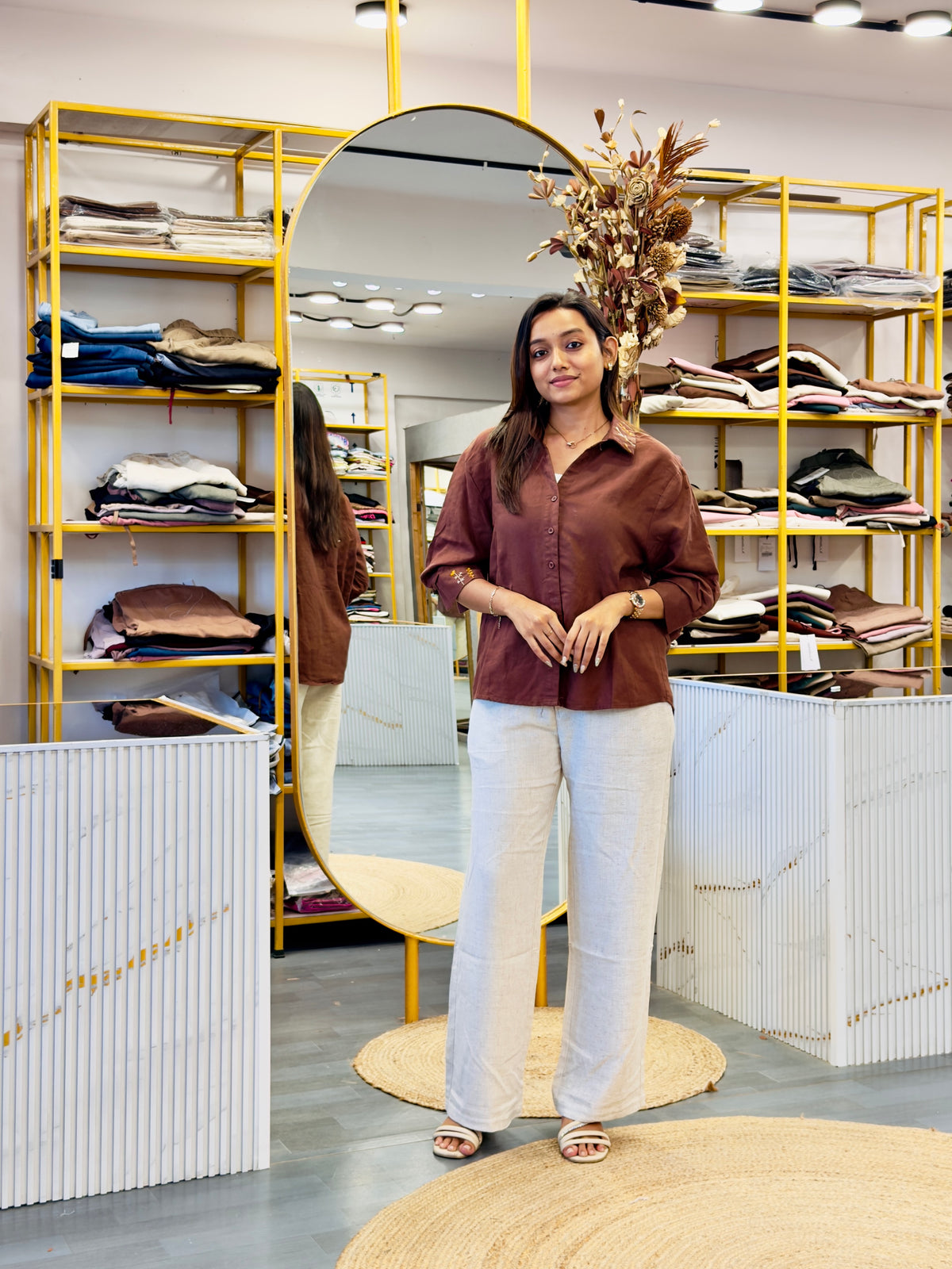 HAND WORK COLLAR EMBROIDERY LINEN SHIRT WITH LINEN PANT SET