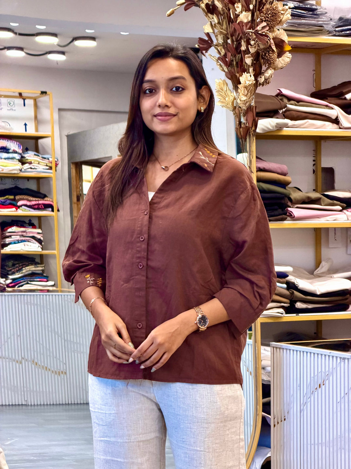 HAND WORK COLLAR EMBROIDERY LINEN SHIRT WITH LINEN PANT SET
