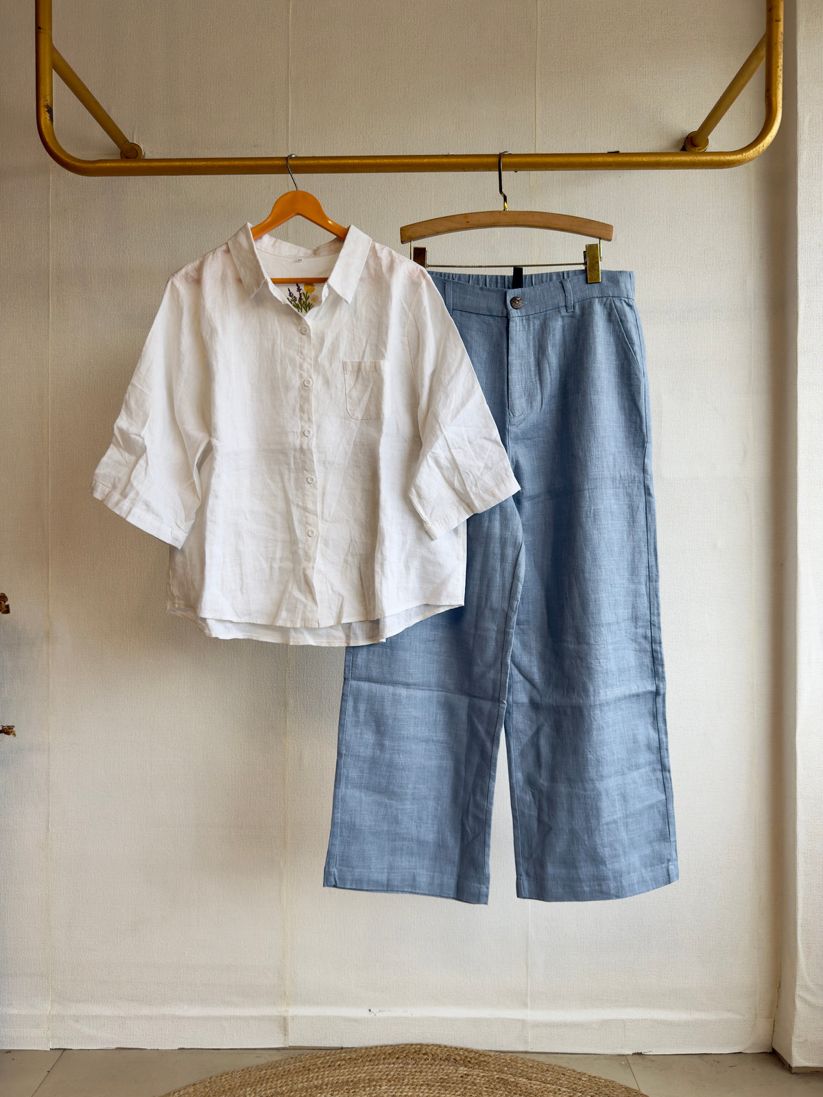 LINEN BACK EMBROIDERY SHIRT WITH LINEN STRAIGHT PANT SET