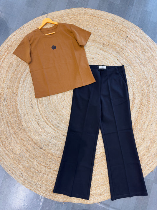 CASUAL EMBROIDERY TSHIRT  WITH BELL BOTTOM  PANT SET