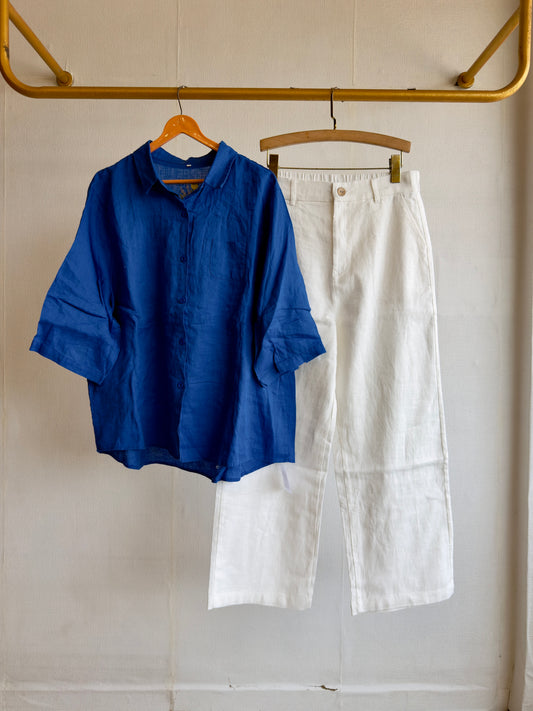 BACK FLOWER EMBROIDERY LINEN TOP WITH LINEN STRAIGHT PANT SET