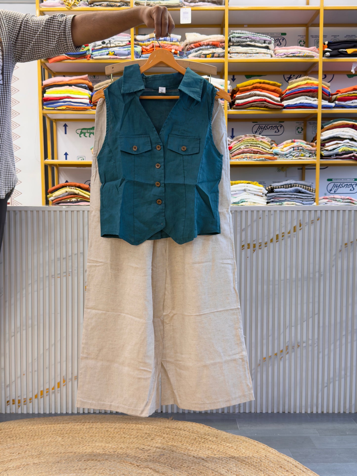 PERSIAN BLUE WEST TOP WITH NATURAL LINEN PANT SET