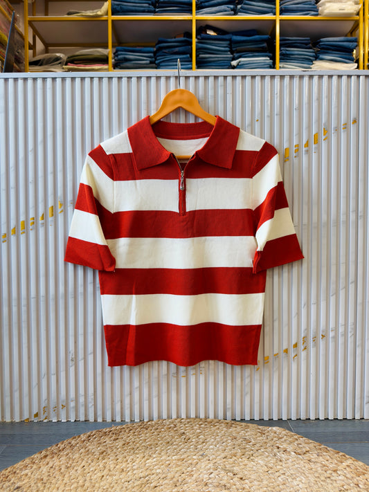 STRIPS POLO NECK ZIPPER KNITTING TSHIRT