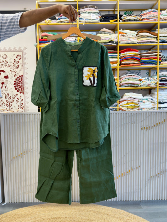 DARK GREEN CROCHET POCKET  LINEN TOP WITH LINEN COMFORTABLE PANT SET