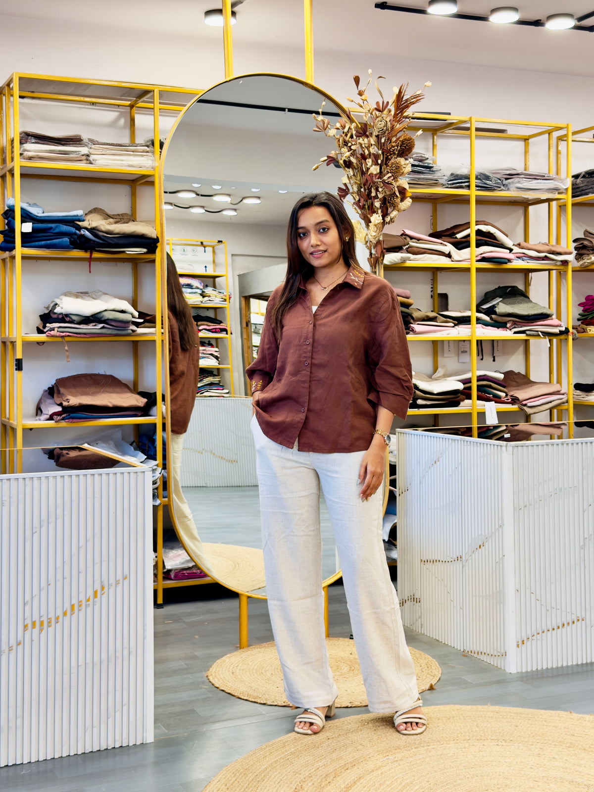 HAND WORK COLLAR EMBROIDERY LINEN SHIRT WITH LINEN PANT SET